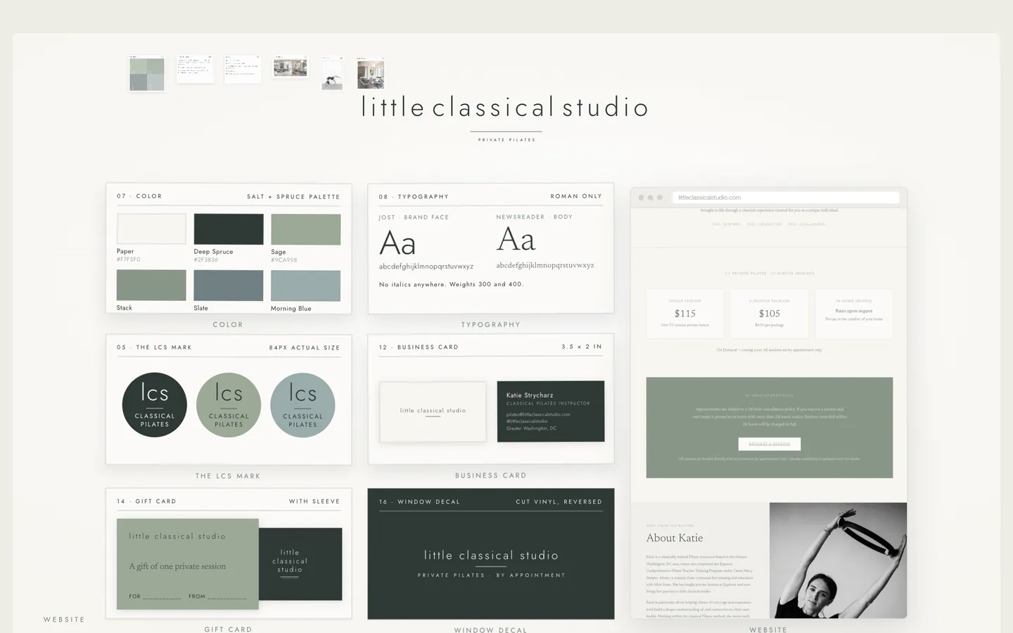 Little Classical Studio's brand kit and website: colors, type, logo marks, business card and the home page