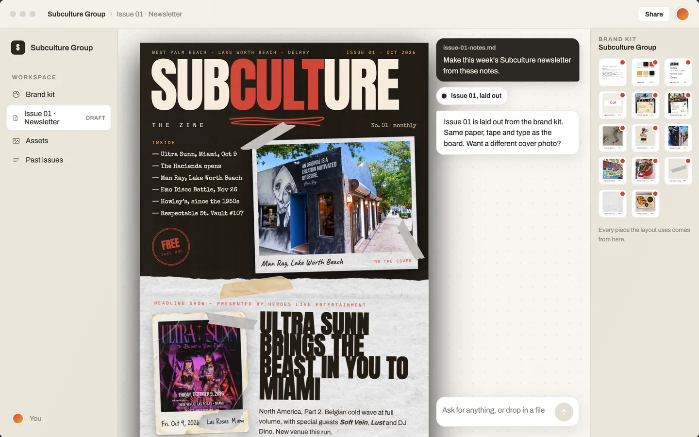 The Subculture brand kit laying out a zine cover from a one-line request