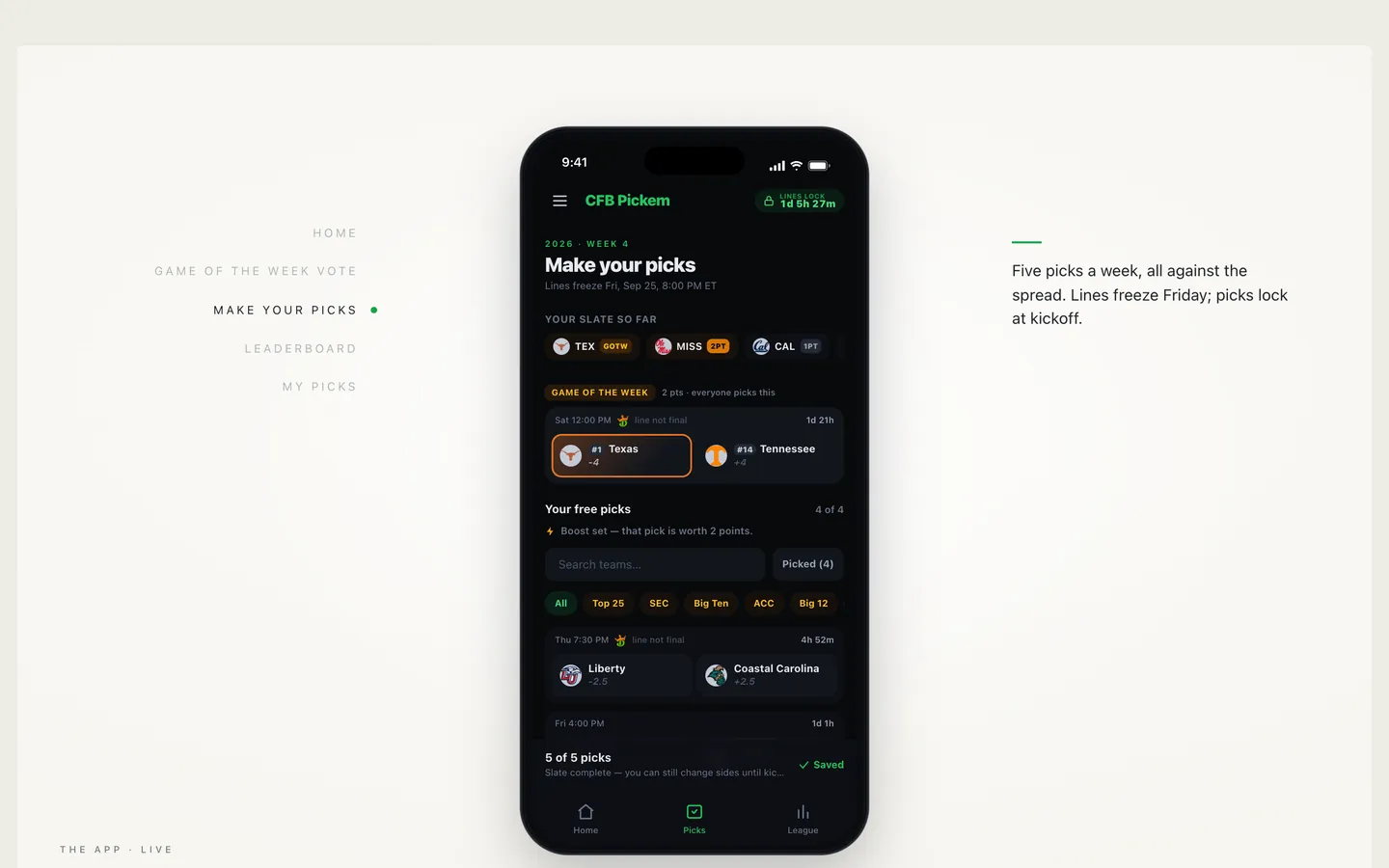 The pick'em app on a phone: five picks against the spread for the week